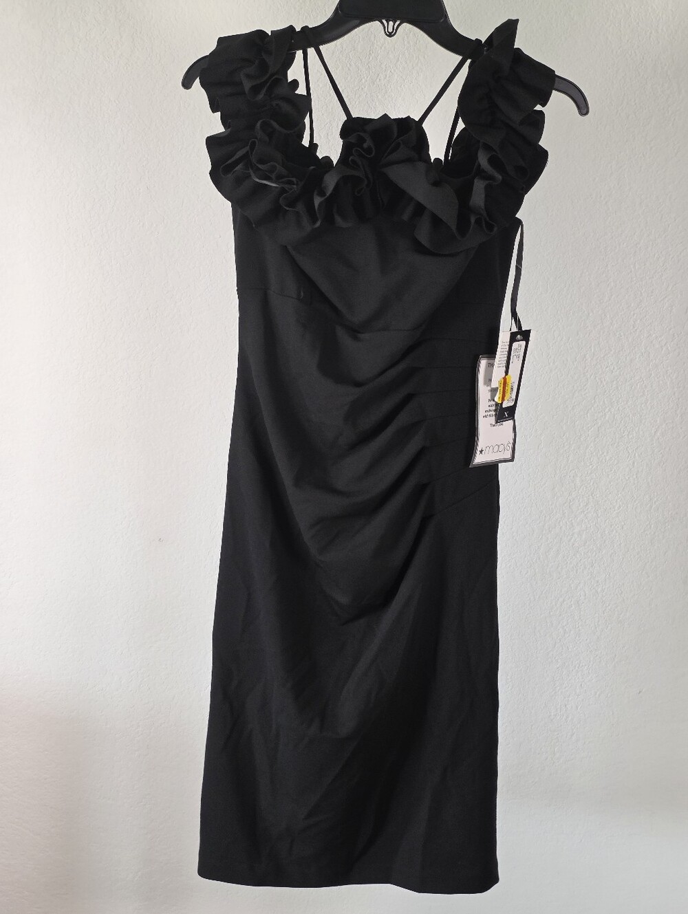 Xscape NWT Black Ruffle Strappy Ruched Cocktail Dress Size 8 $219 - Picture 3 of 11